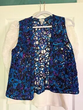 Chico's Blue and Black Crochet Vest with Purple Accents